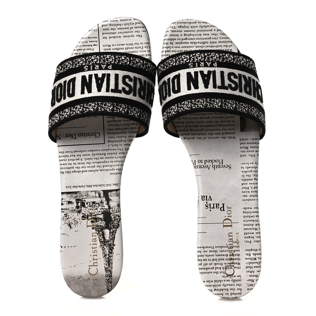 CALFSKIN NEWSPAPER PRINTED EMBROIDERED DWAY FLAT SLIDE SANDALS WHITE