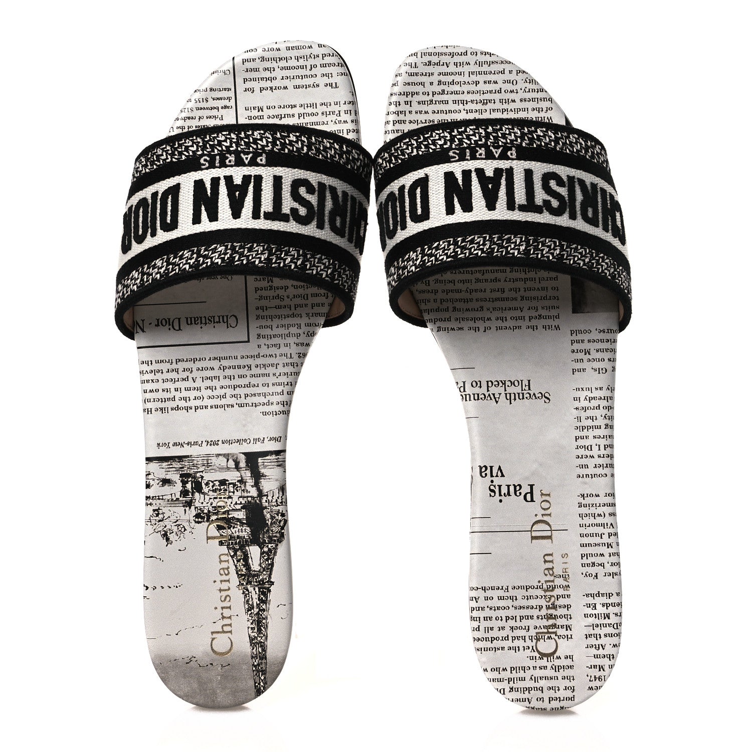 CALFSKIN NEWSPAPER PRINTED EMBROIDERED DWAY FLAT SLIDE SANDALS WHITE