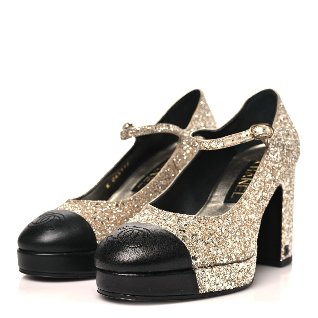 GLITTER LAMBSKIN CAP TOE CC MARY JANE PUMPS LIGHT GOLD BLACK