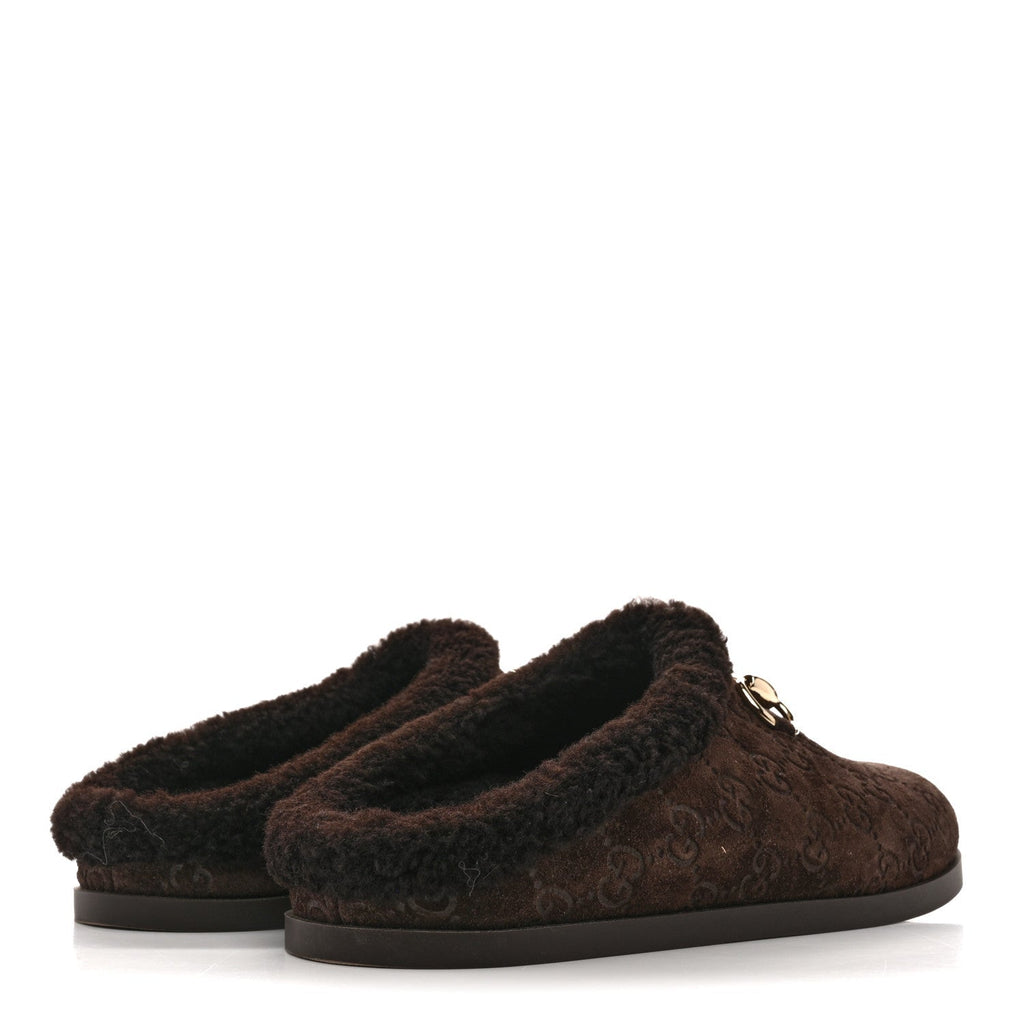 SUEDE GG DEBOSSED SHEARLING WOMENS HORSEBIT MULES DARK BROWN