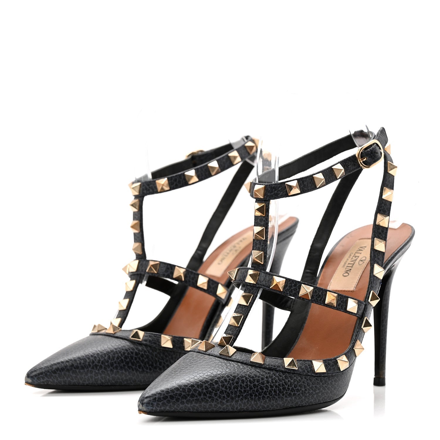 PEBBLED CALFSKIN ROCKSTUD ANKLE STRAP 100MM PUMPS DEEP DENIM