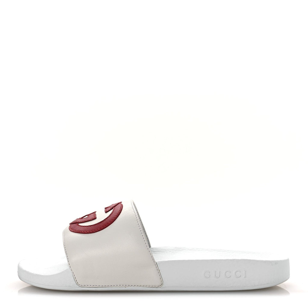 NAPPA MIRO SOFT CALFSKIN INTERLOCKING G MENS SLIDE SANDALS WHITE HIBISCUS RED