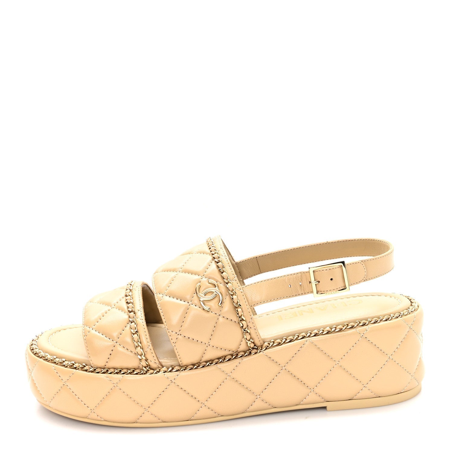 SHINY LAMBSKIN QUILTED CHAIN AROUND CC PLATFORM SANDALS BEIGE