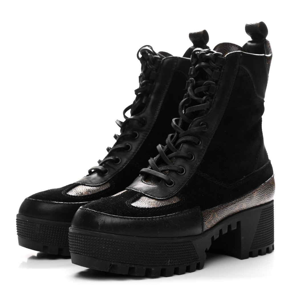LOUIS VUITTON SUEDE CALFSKIN MONOGRAM LAUREATE PLATFORM DESERT BOOT BLACK WITH LV HEART PATCHES