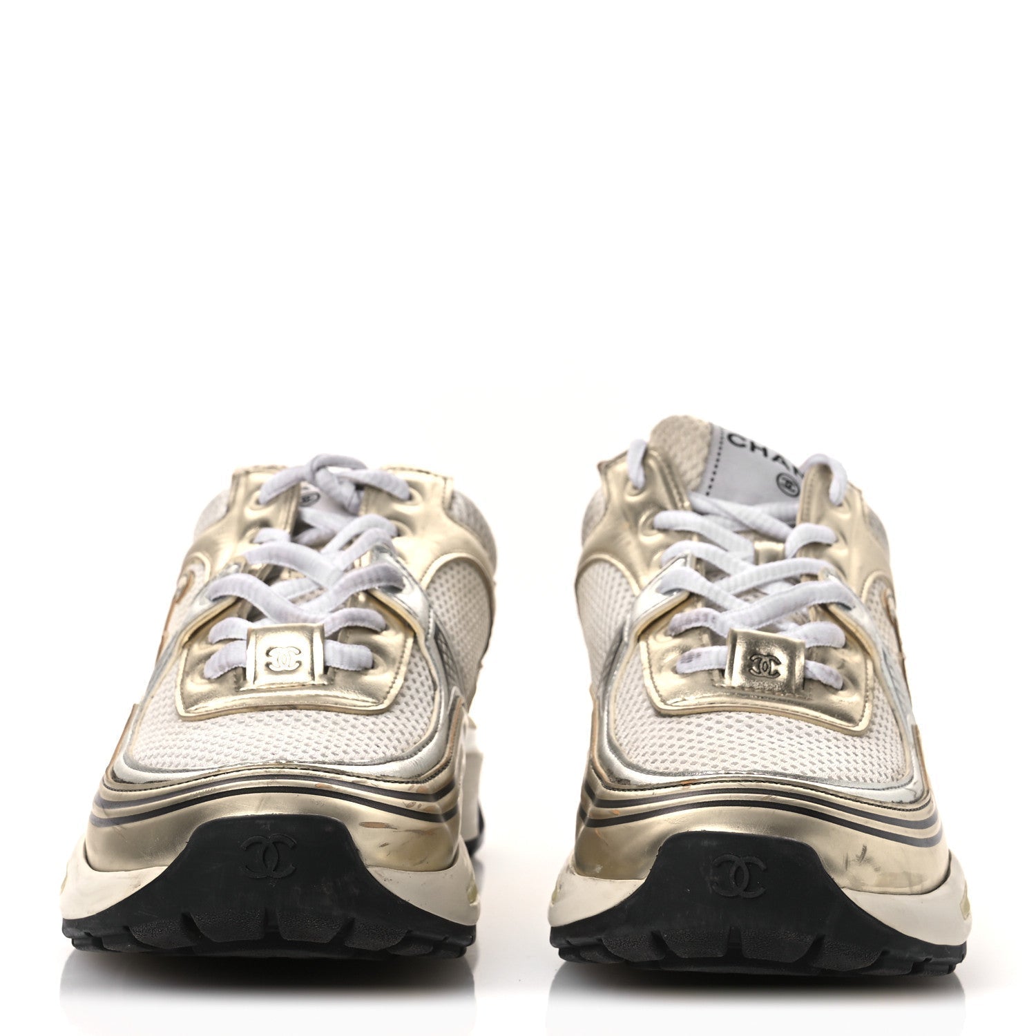 FABRIC LAMINATED CALFSKIN STRETCH CC SNEAKERS WHITE GOLD SILVER