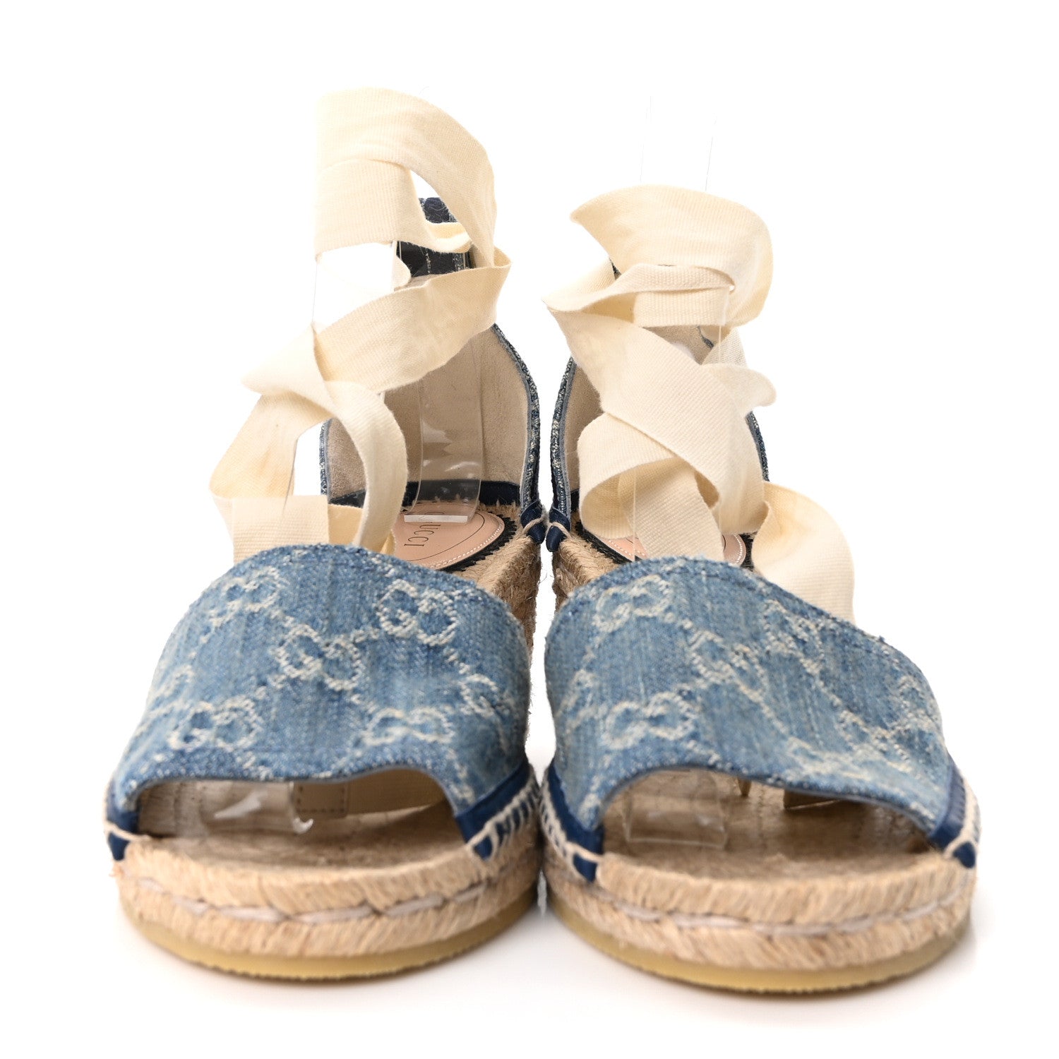 NEW DENIM GG MONOGRAM PILAR ANKLE WRAP ESPADRILLE WEDGE SANDALS LIGHT BLUE