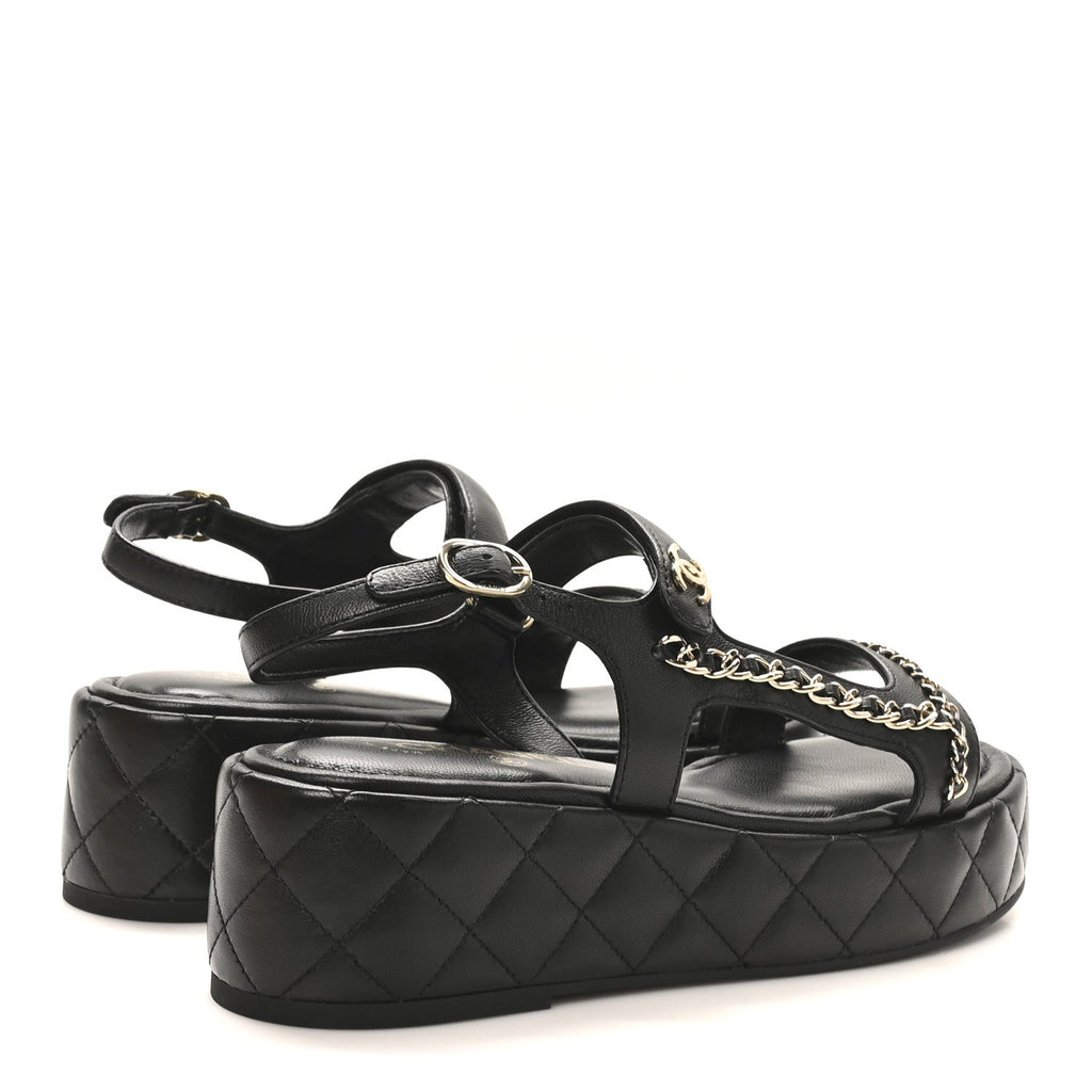 LAMBSKIN QUILTED CHAIN CC PLATFORM SANDALS BLACK