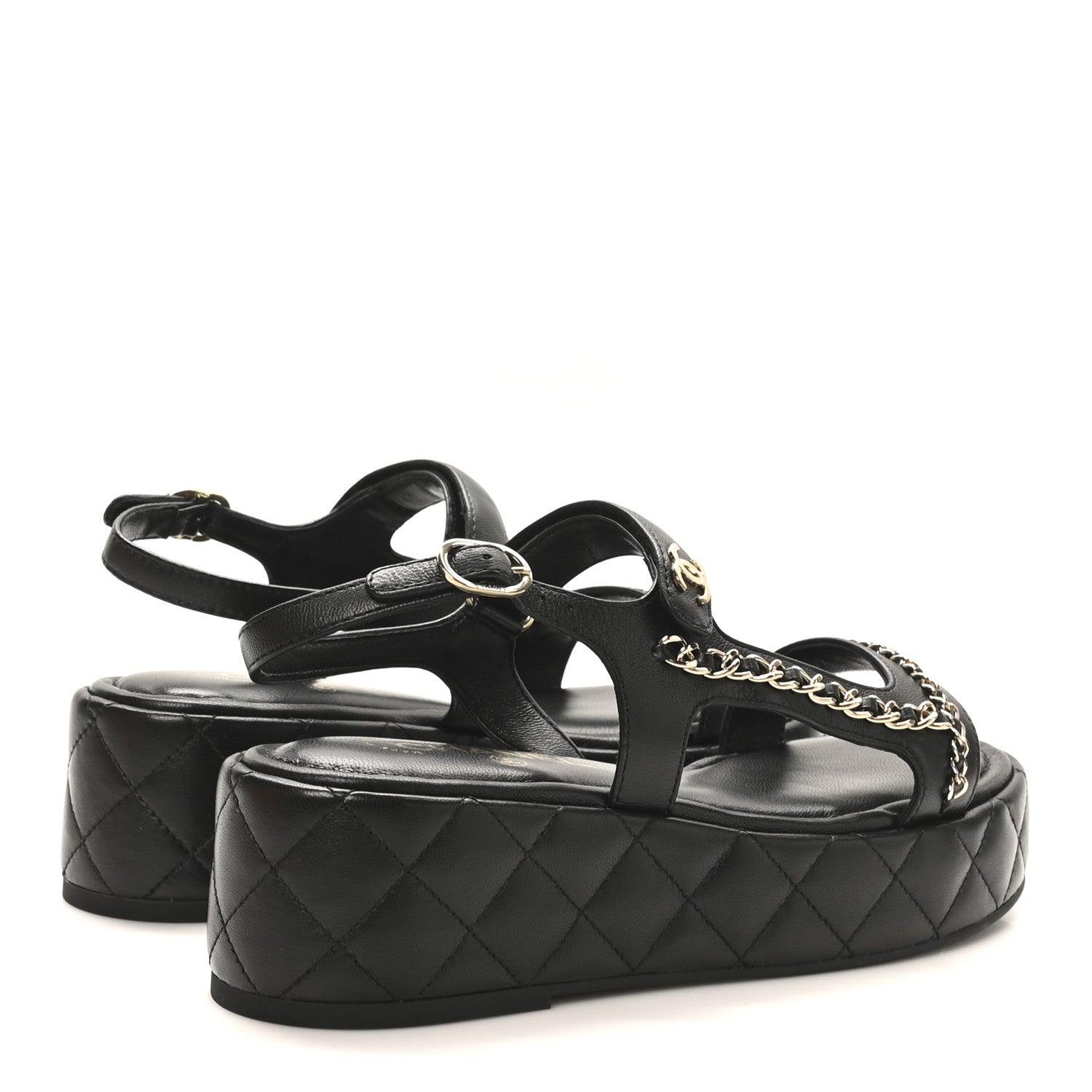 LAMBSKIN QUILTED CHAIN CC PLATFORM SANDALS BLACK