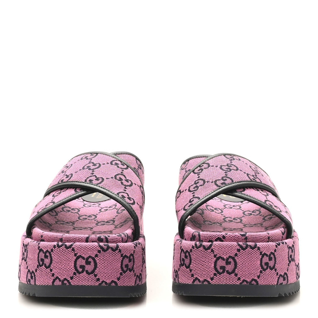 MONOGRAM MULTICOLOR CRISS CROSS PLATFORM SLIDE SANDALS PINK BLUE