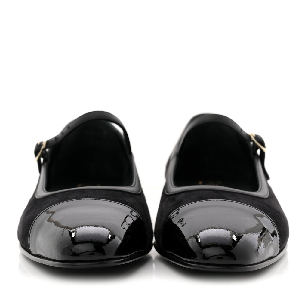 SUEDE KIDSKIN LAMBSKIN PATENT CALFSKIN CRYSTAL CC CAP TOE FLATS BLACK