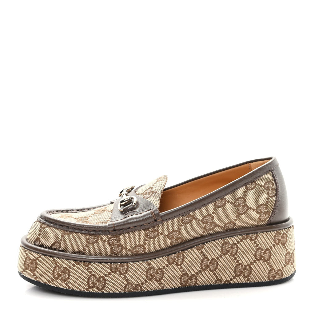 MONOGRAM HORSEBIT CALFSKIN WOMENS HORSEBIT WEDGE PLATFORM LOAFERS BEIGE EBONY