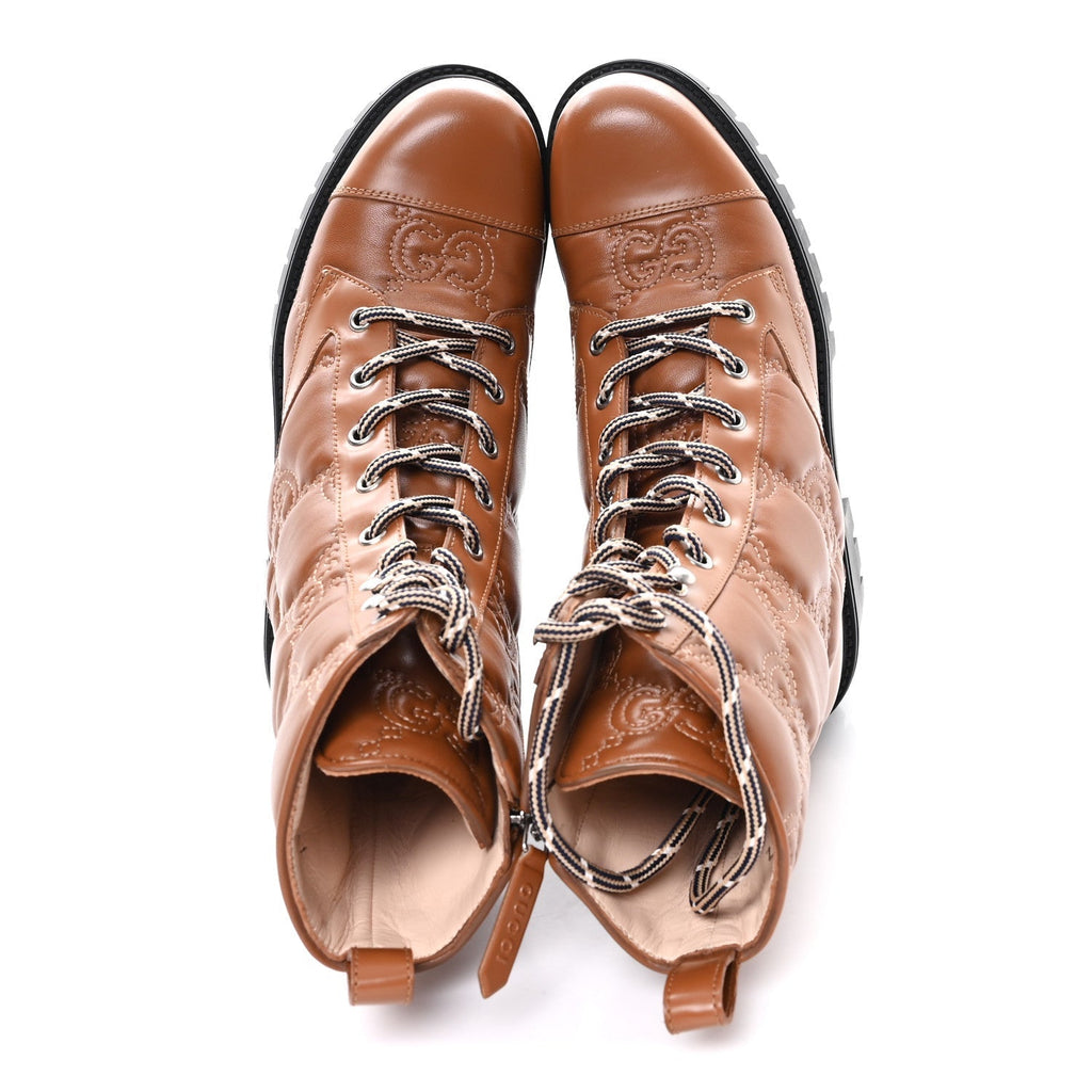 CORDOVAN LUX NAPPA GG MATELASSE LACE UP 60MM COMBAT BOOTS DARK HAZEL BROWN