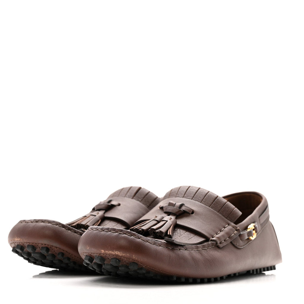 CALFSKIN FRINGE INTERLOCKING G MENS DRIVER LOAFERS BROWN