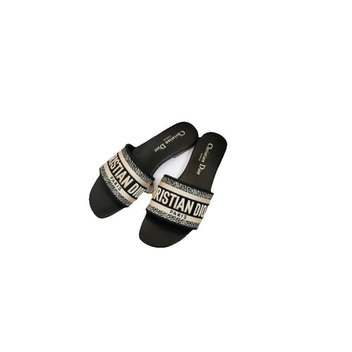 Christian Dior Cotton Embroidered D-Way Heeled Slide Sandal Dark - Black/White (flat, no heel)