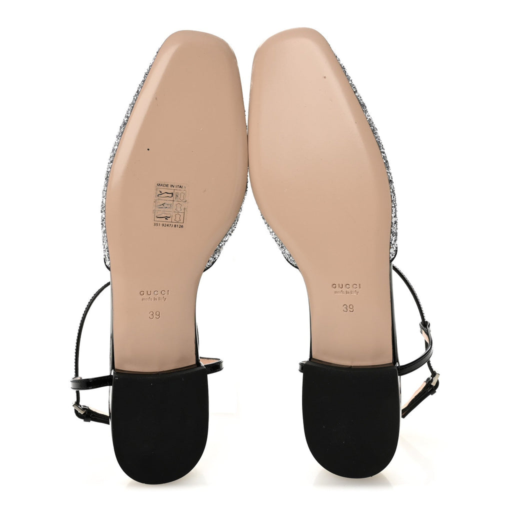 CALFSKIN GLITTER DOUBLE G SLINGBACK FLATS SILVER BLACK