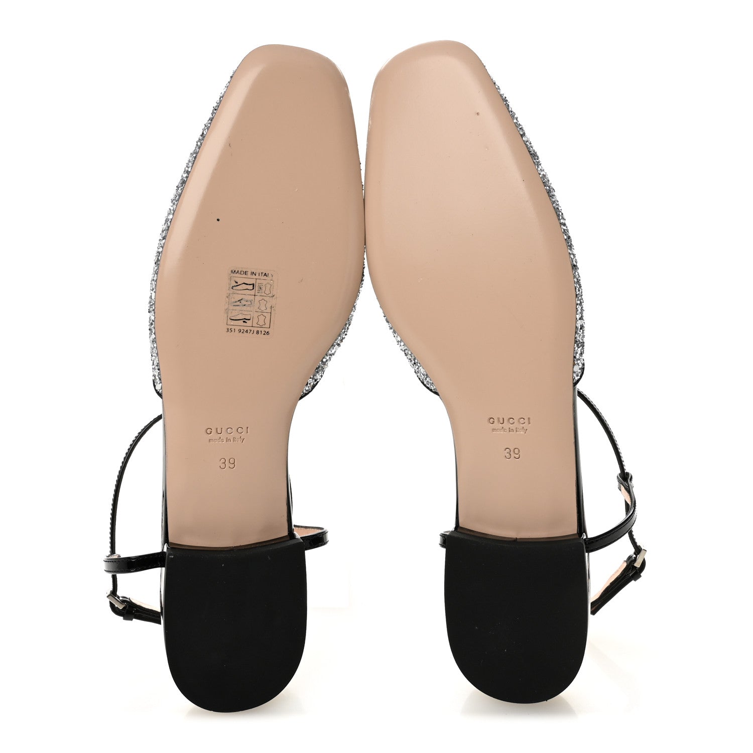 CALFSKIN GLITTER DOUBLE G SLINGBACK FLATS SILVER BLACK