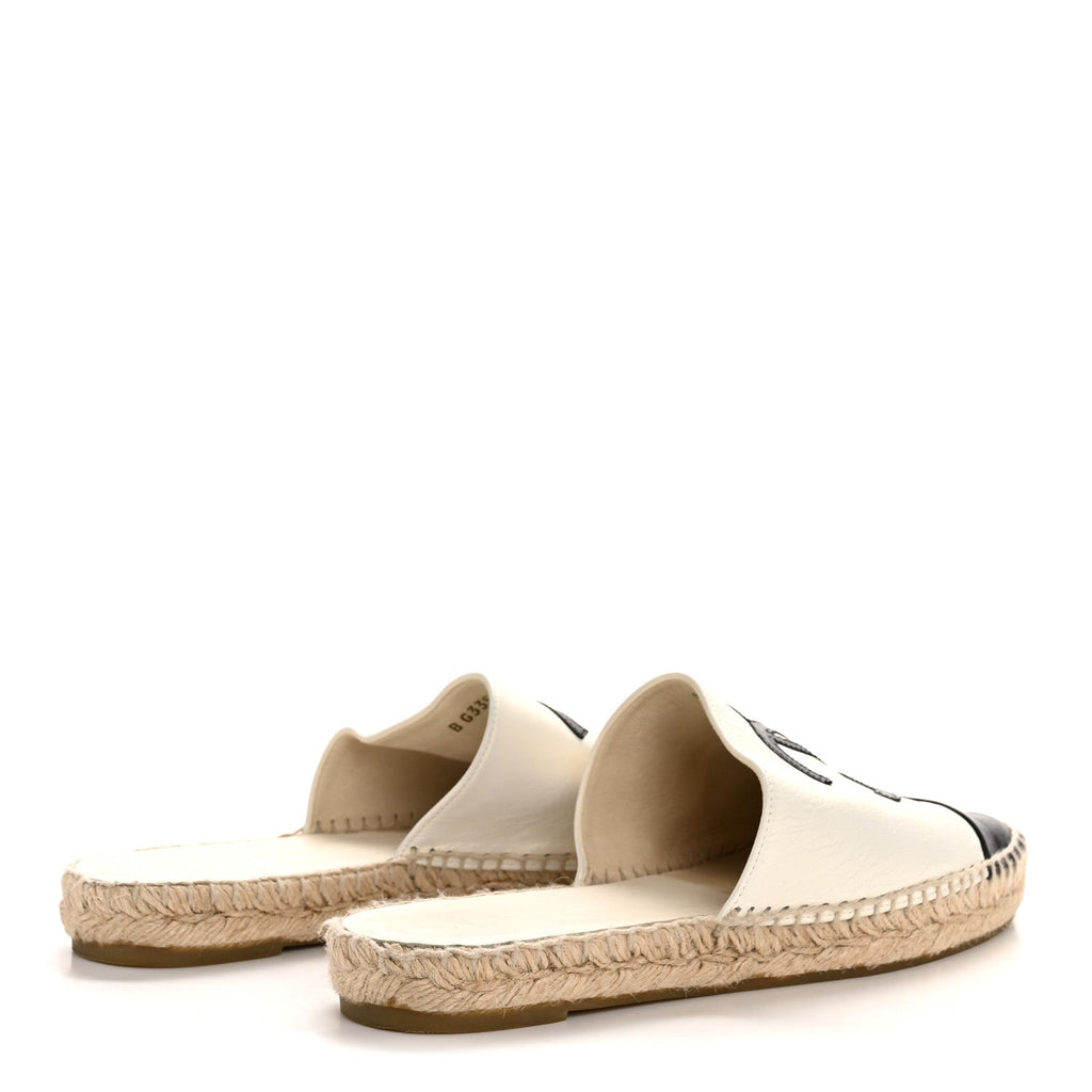 IRIDESCENT GOATSKIN CC ESPADRILLE MULES IVORY BLACK