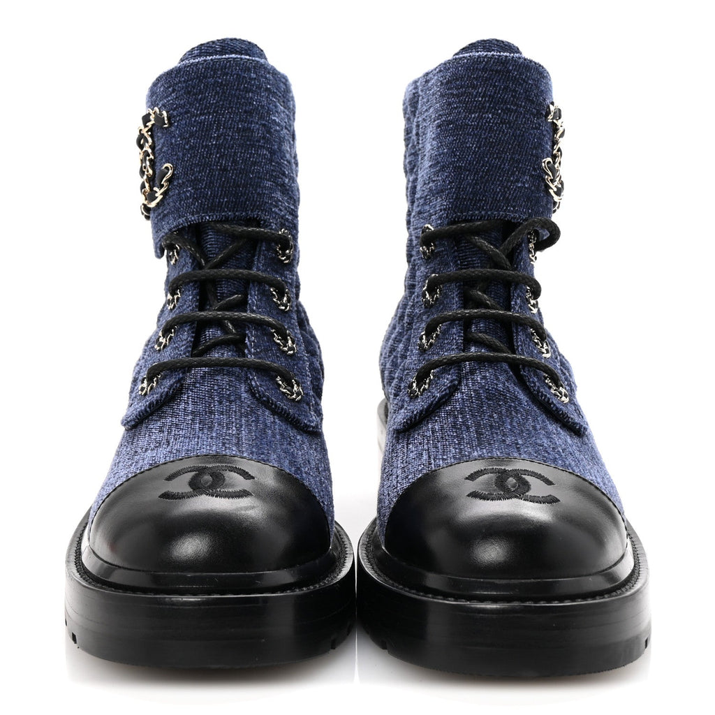 SHINY CALFSKIN VELVET QUILTED LACE UP COMBAT BOOTS BLUE BLACK