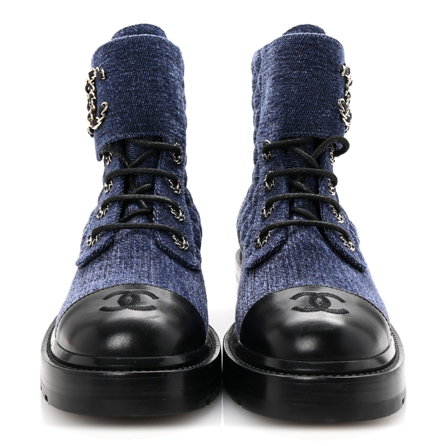 SHINY CALFSKIN VELVET QUILTED LACE UP COMBAT BOOTS BLUE BLACK