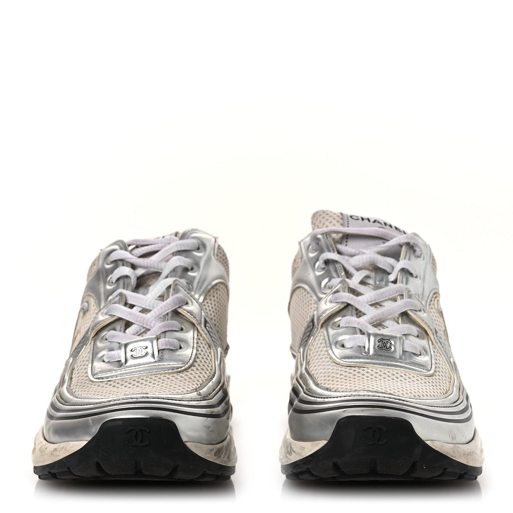 FABRIC LAMINATED CALFSKIN STRETCH CC SNEAKERS WHITE SILVER