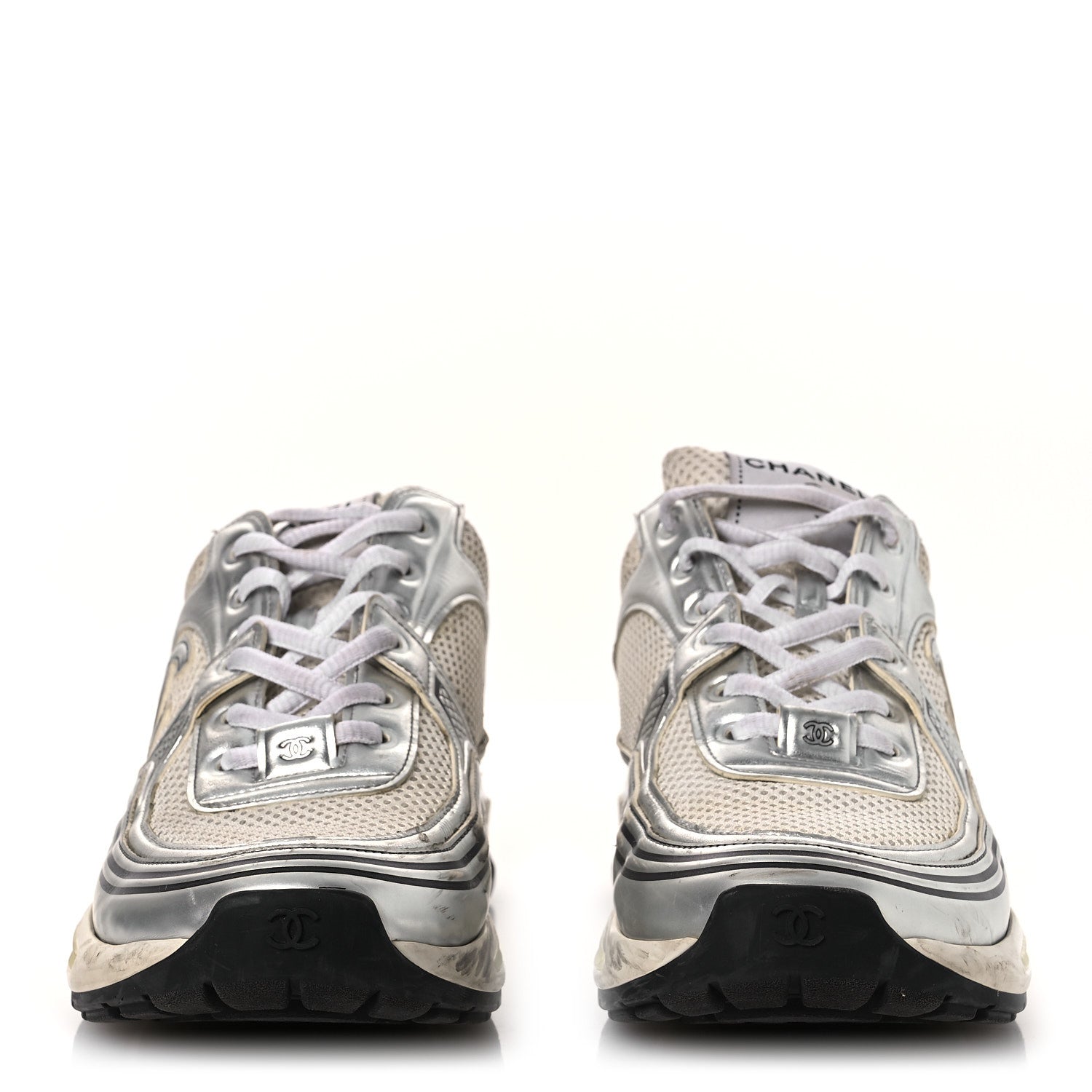 FABRIC LAMINATED CALFSKIN STRETCH CC SNEAKERS WHITE SILVER