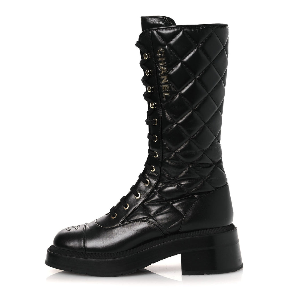 CALFSKIN QUILTED LOGO LACE UP TALL COMBAT BOOTS BLACK