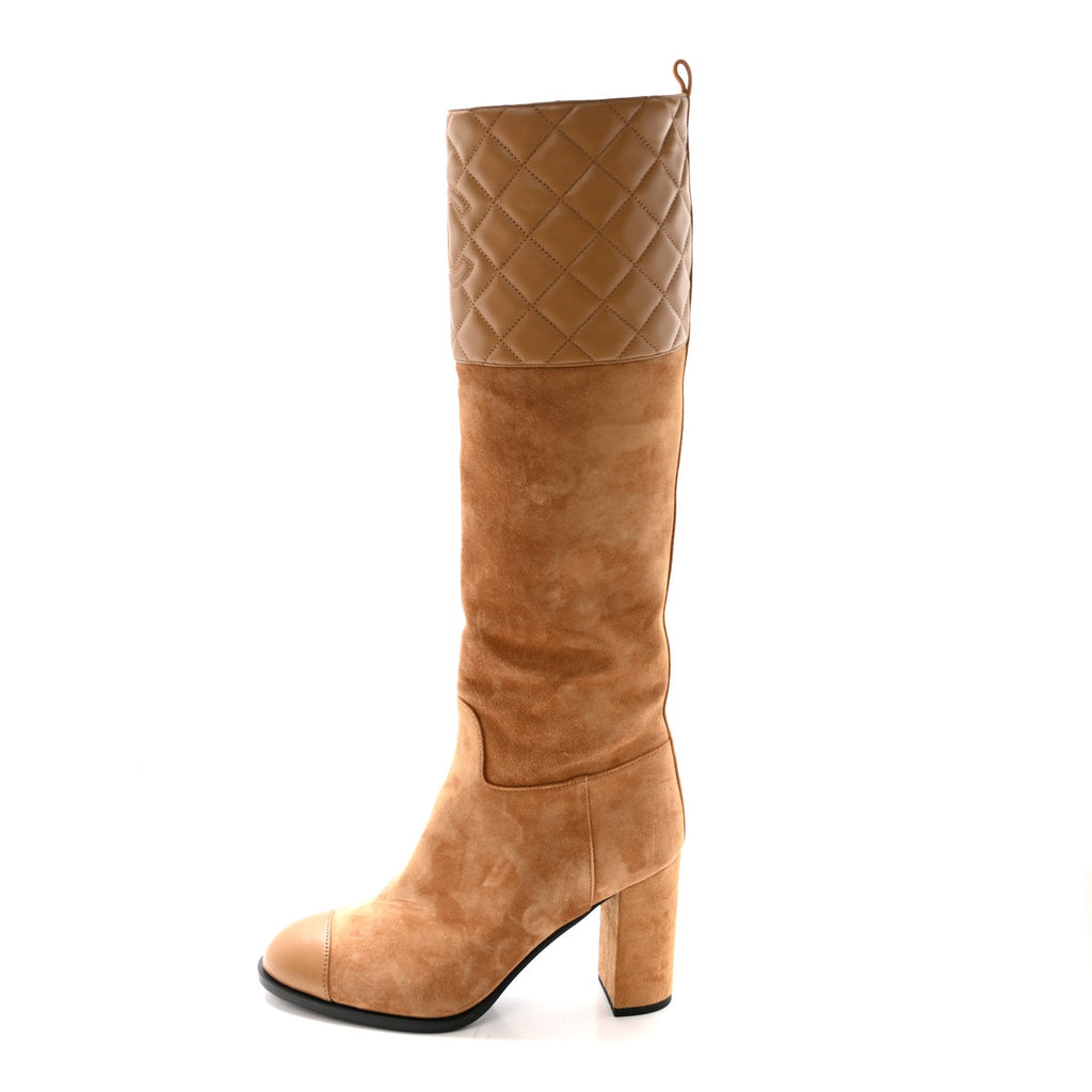 SUEDE CALFSKIN LAMBSKIN QUILTED KNEE HIGH HEEL BOOTS BEIGE
