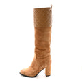 SUEDE CALFSKIN LAMBSKIN QUILTED KNEE HIGH HEEL BOOTS BEIGE
