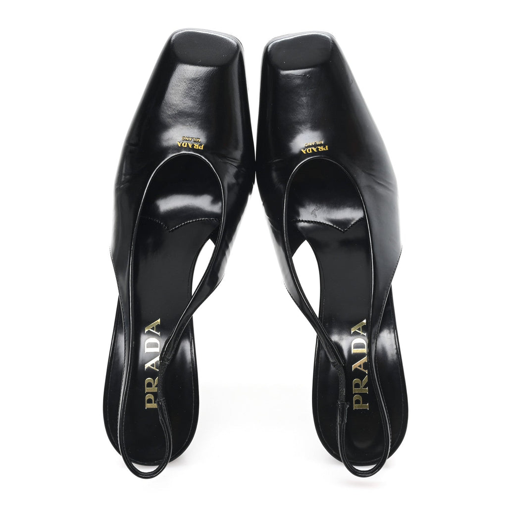 PATENT CALFSKIN SQUARE TOE 85MM SLINGBACK PUMPS BLACK