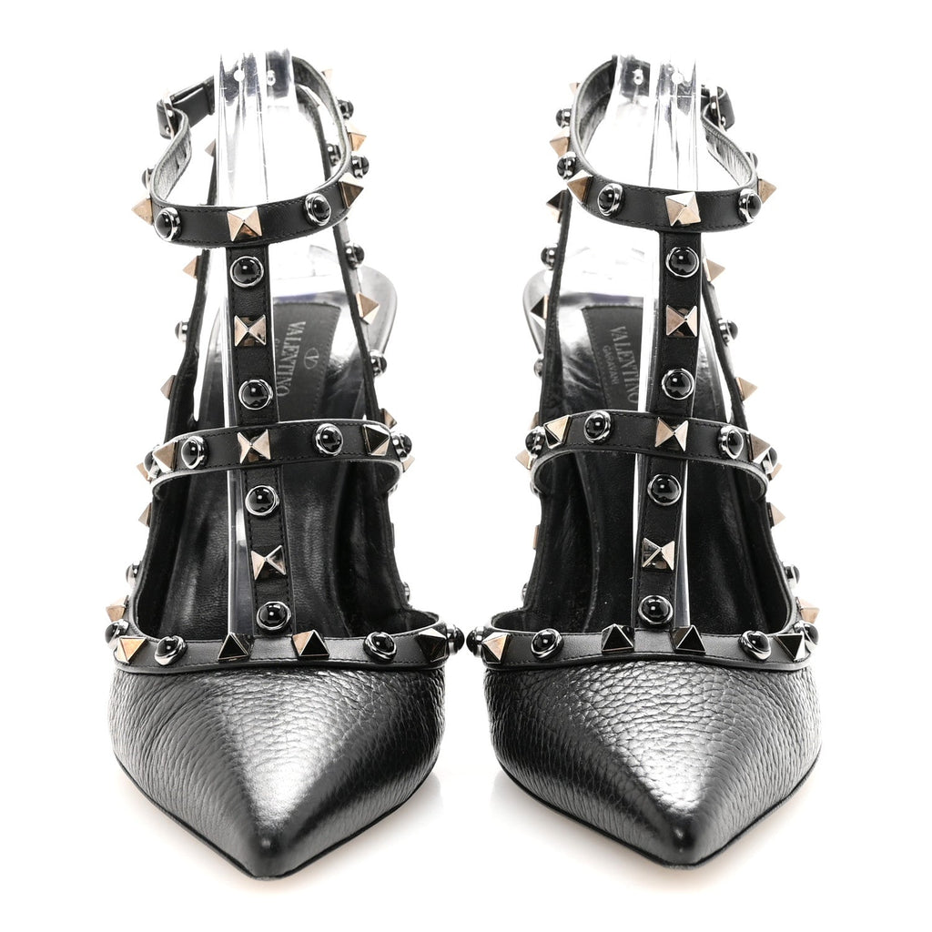 PEBBLED CALFSKIN ONYX ROCKSTUD ROLLING ANKLE STRAP 100MM PUMPS BLACK