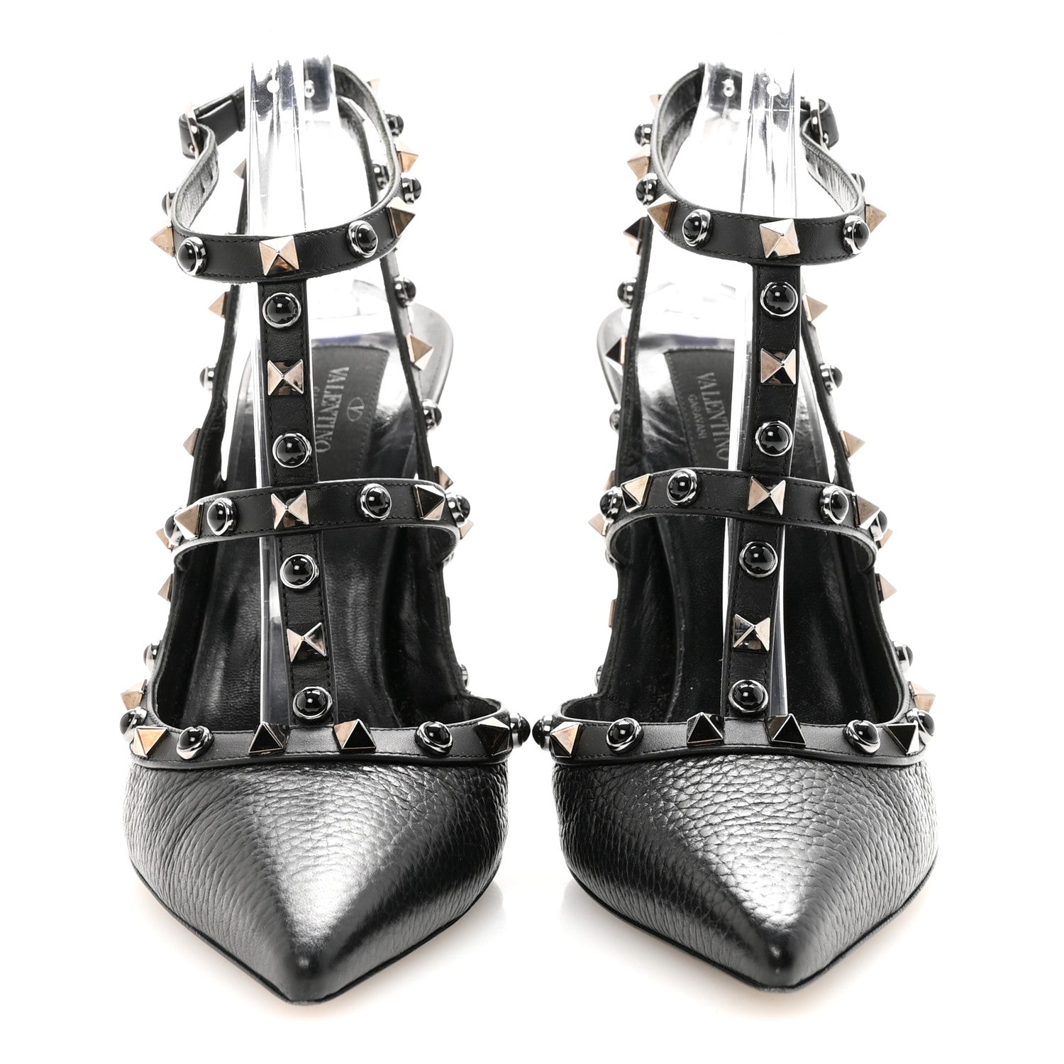 PEBBLED CALFSKIN ONYX ROCKSTUD ROLLING ANKLE STRAP 100MM PUMPS BLACK