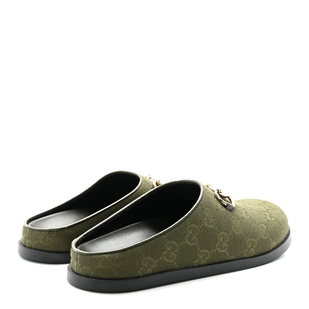 NEW CANVAS MONOGRAM GG GRANADA KID WOMENS HORSEBIT MULES GREEN