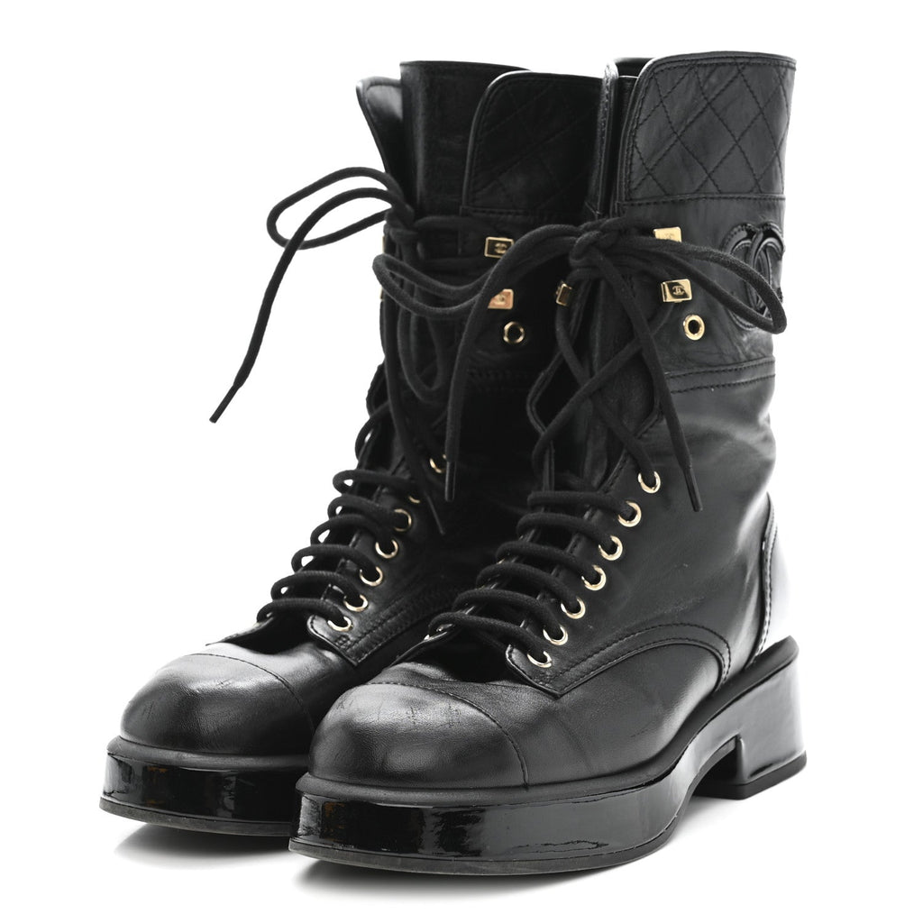 LAMBSKIN PATENT CALFSKIN QUILTED CC LACE UP COMBAT BOOTS BLACK