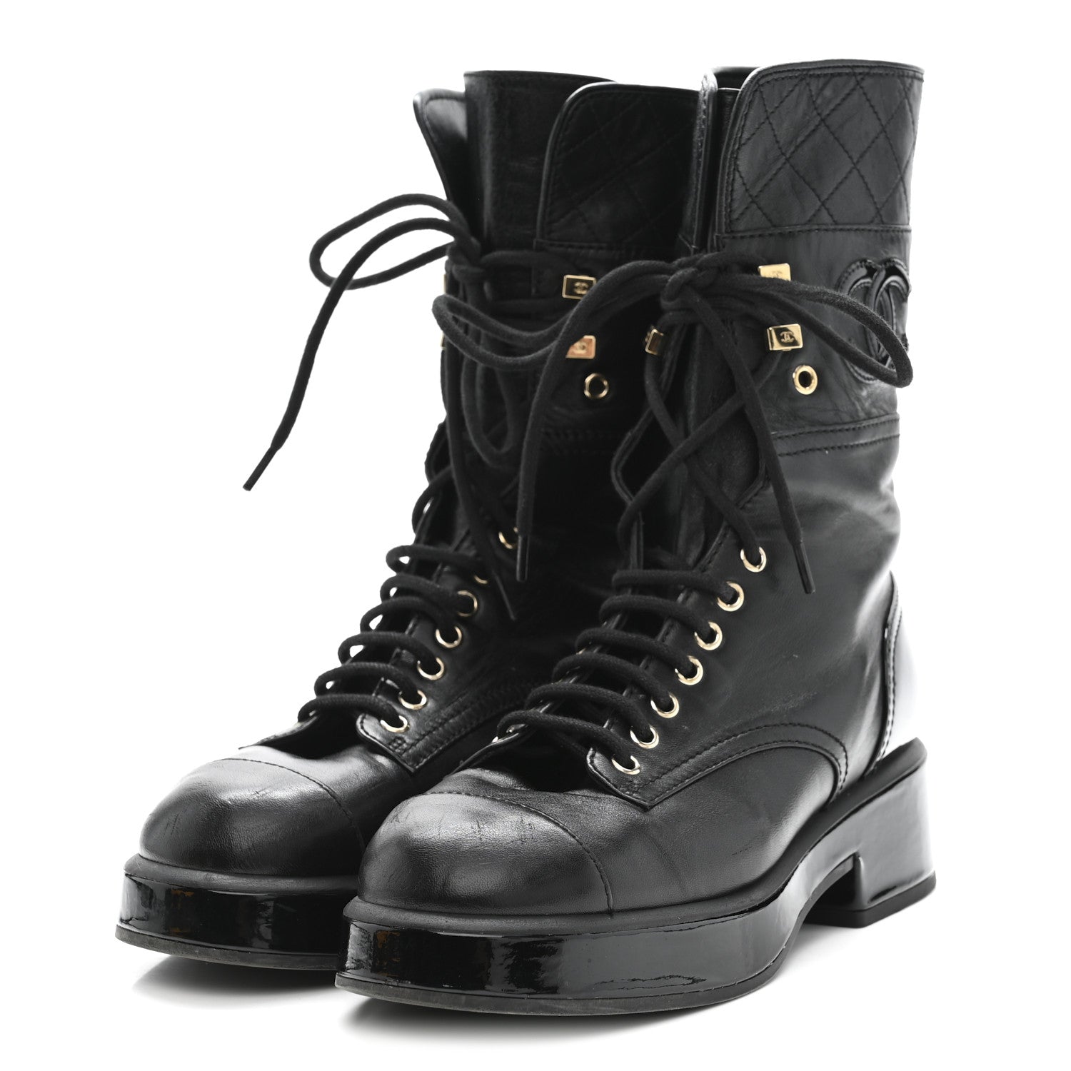 LAMBSKIN PATENT CALFSKIN QUILTED CC LACE UP COMBAT BOOTS BLACK
