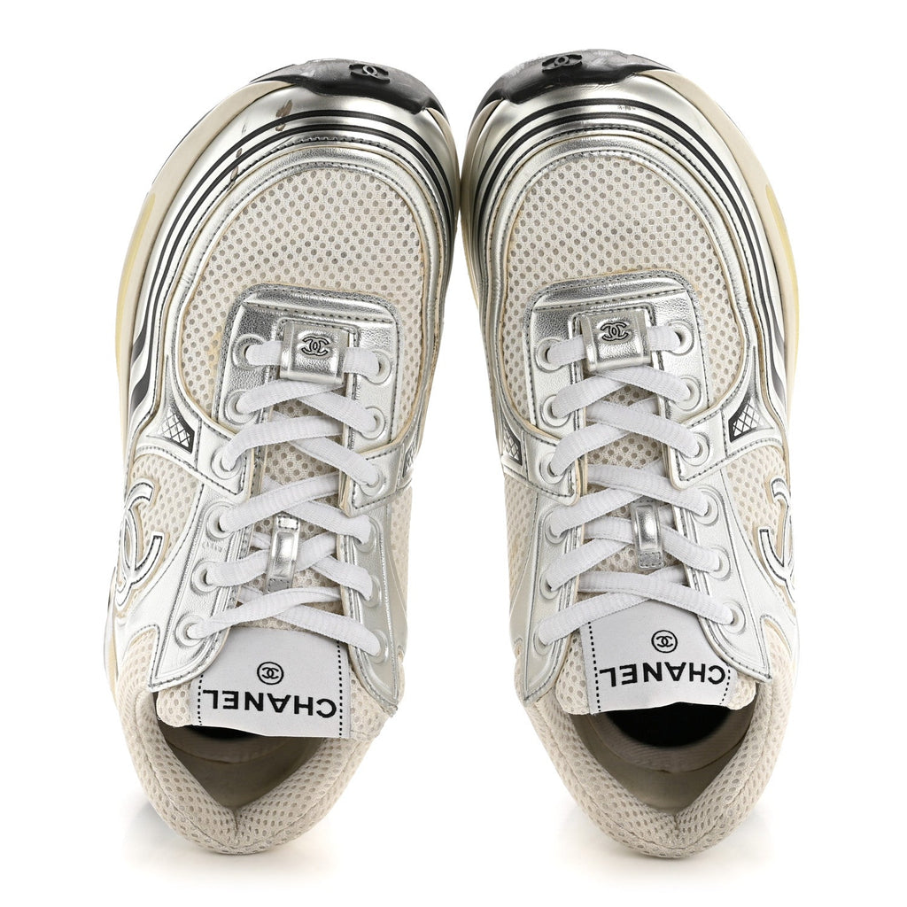 FABRIC LAMINATED CALFSKIN STRETCH CC SNEAKERS WHITE SILVER