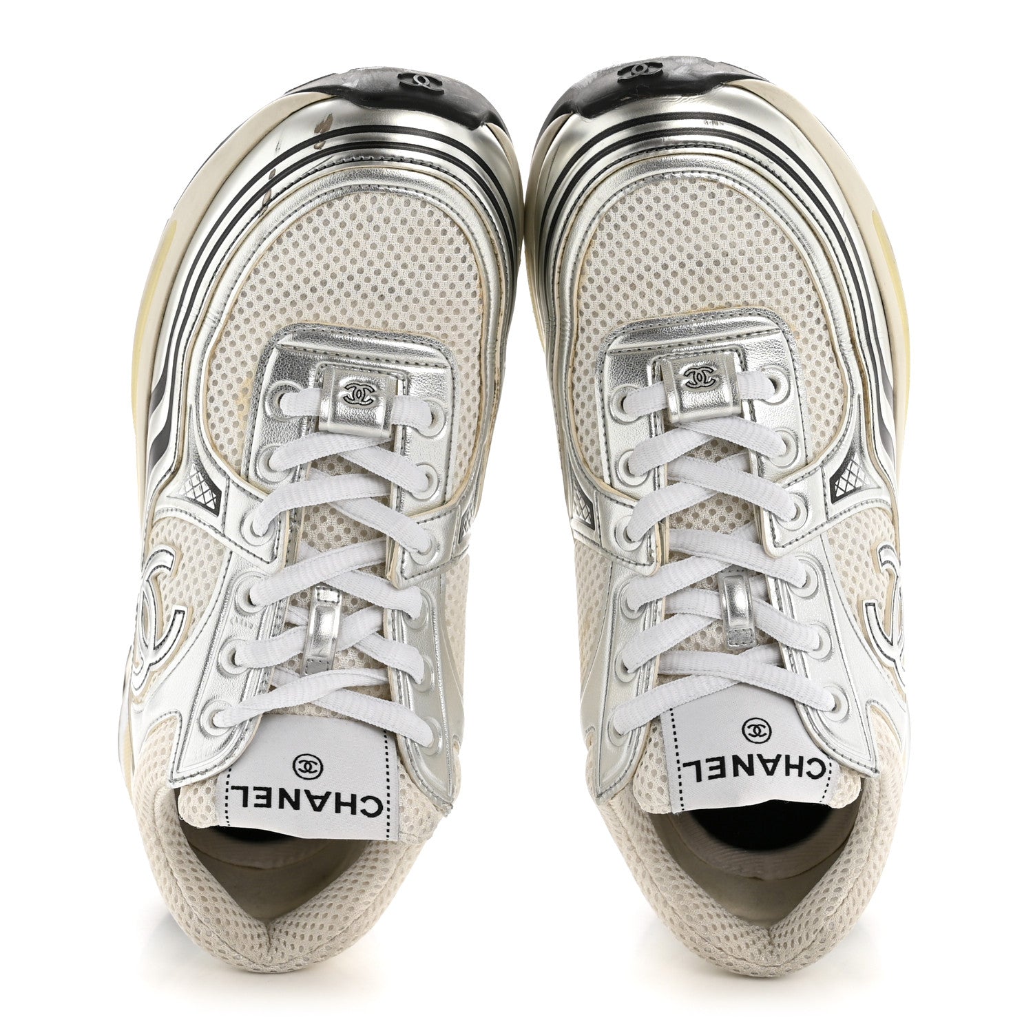 FABRIC LAMINATED CALFSKIN STRETCH CC SNEAKERS WHITE SILVER