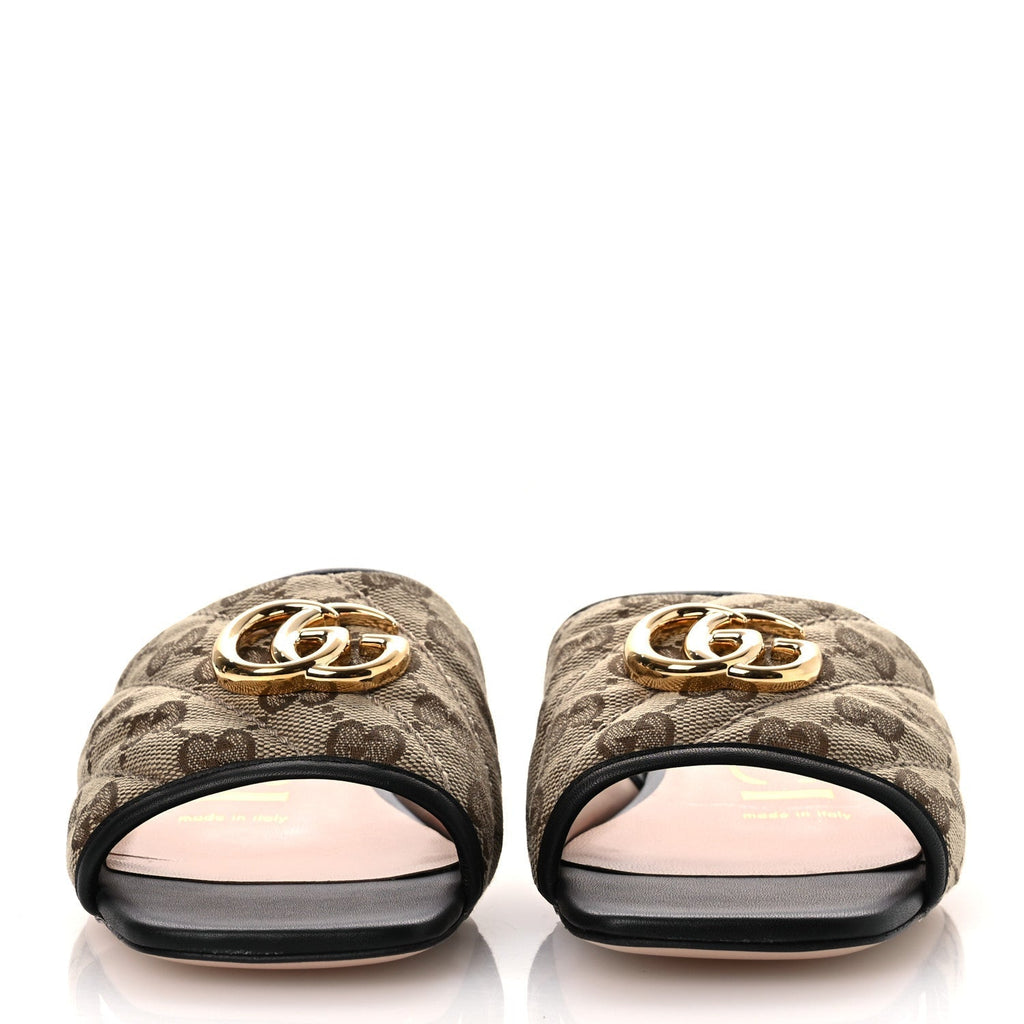 MONOGRAM MATELASSE DIAGONAL GG MARMONT FLAT SLIDE SANDALS BEIGE EBONY BLACK