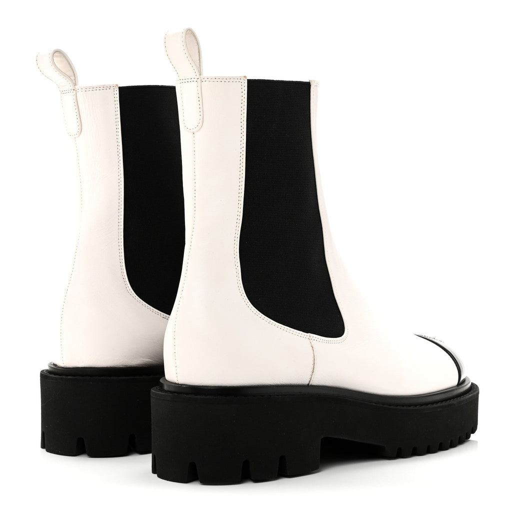 PATENT CALFSKIN CAP TOE CC ANKLE BOOTS WHITE BLACK