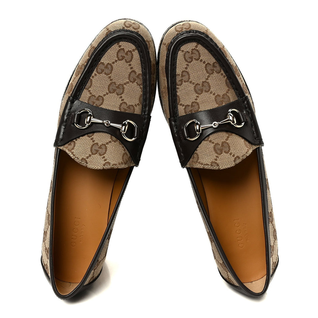 CANVAS GG MONOGRAM HORSEBIT CALFSKIN WOMENS HORSEBIT PLATFORM LOAFERS BEIGE EBONY COCOA