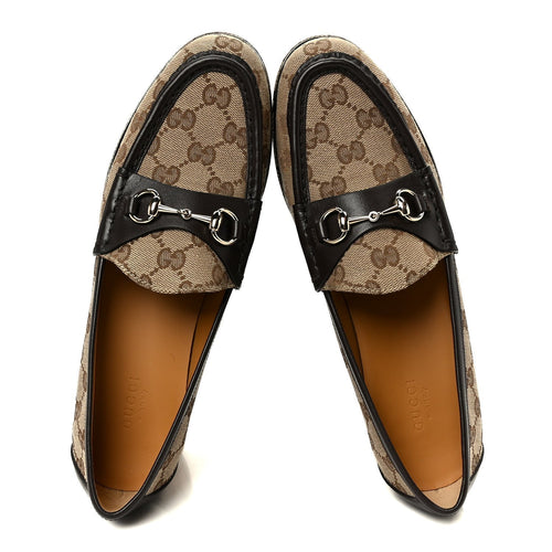 CANVAS GG MONOGRAM HORSEBIT CALFSKIN WOMENS HORSEBIT PLATFORM LOAFERS BEIGE EBONY COCOA