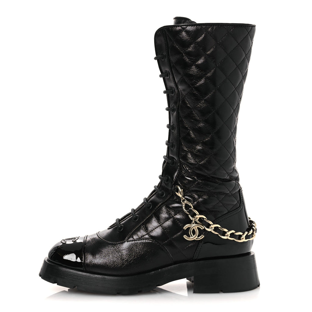 SHINY CALFSKIN PATENT QUILTED CHAIN LACE UP COMBAT LONG BOOTS BLACK
