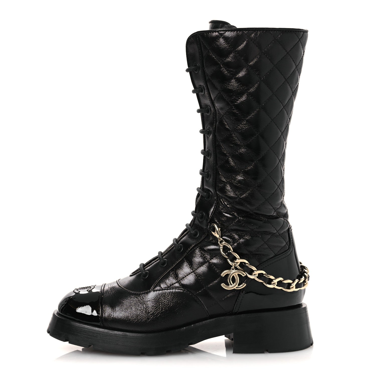 SHINY CALFSKIN PATENT QUILTED CHAIN LACE UP COMBAT LONG BOOTS BLACK