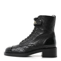 LAMBSKIN PATENT CALFSKIN QUILTED LOGO LACE UP COMBAT BOOTS BLACK