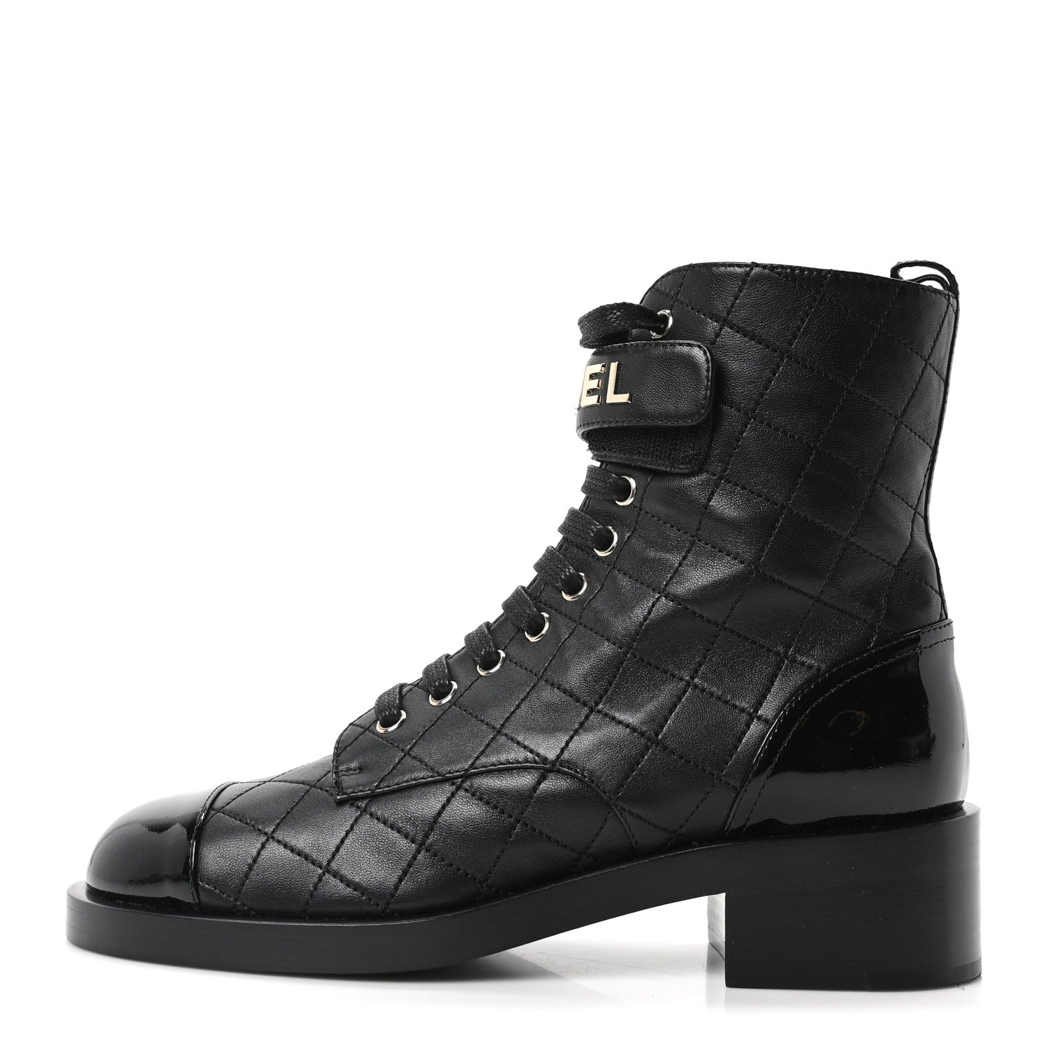 LAMBSKIN PATENT CALFSKIN QUILTED LOGO LACE UP COMBAT BOOTS BLACK