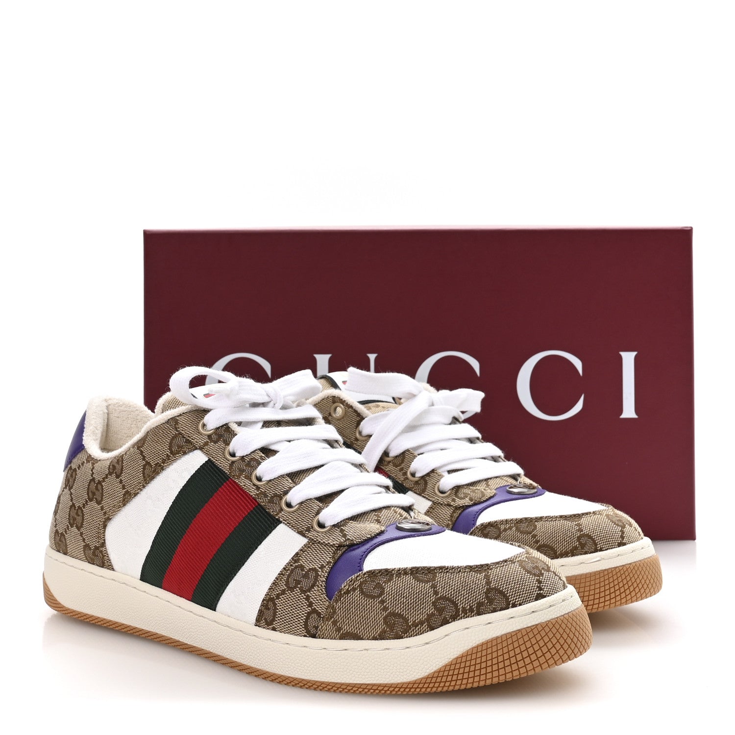 GG SUPEREME MONOGRAM CALFSKIN WEB MENS SCREENER SNEAKERS BEIGE EBONY WHITE SHINE PURPLE