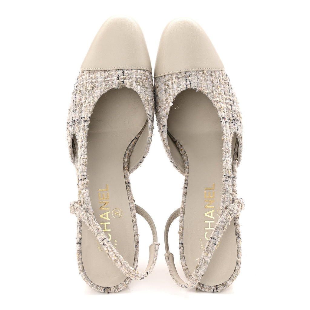 WOOL COTTON TWEED LAMBSKIN CAP TOE CC SLINGBACK PUMPS GREY BLACK GOLD