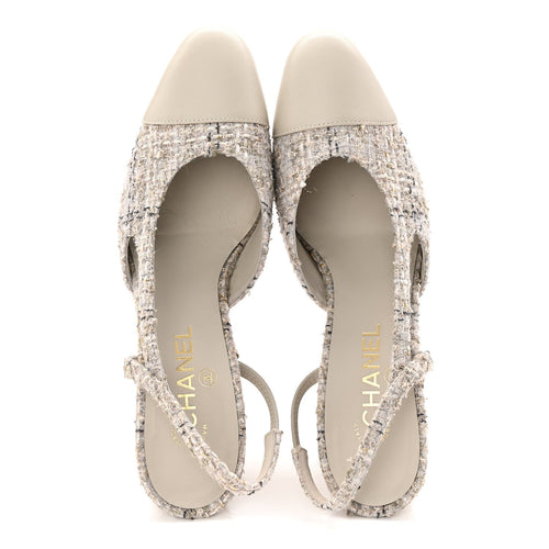 WOOL COTTON TWEED LAMBSKIN CAP TOE CC SLINGBACK PUMPS GREY BLACK GOLD
