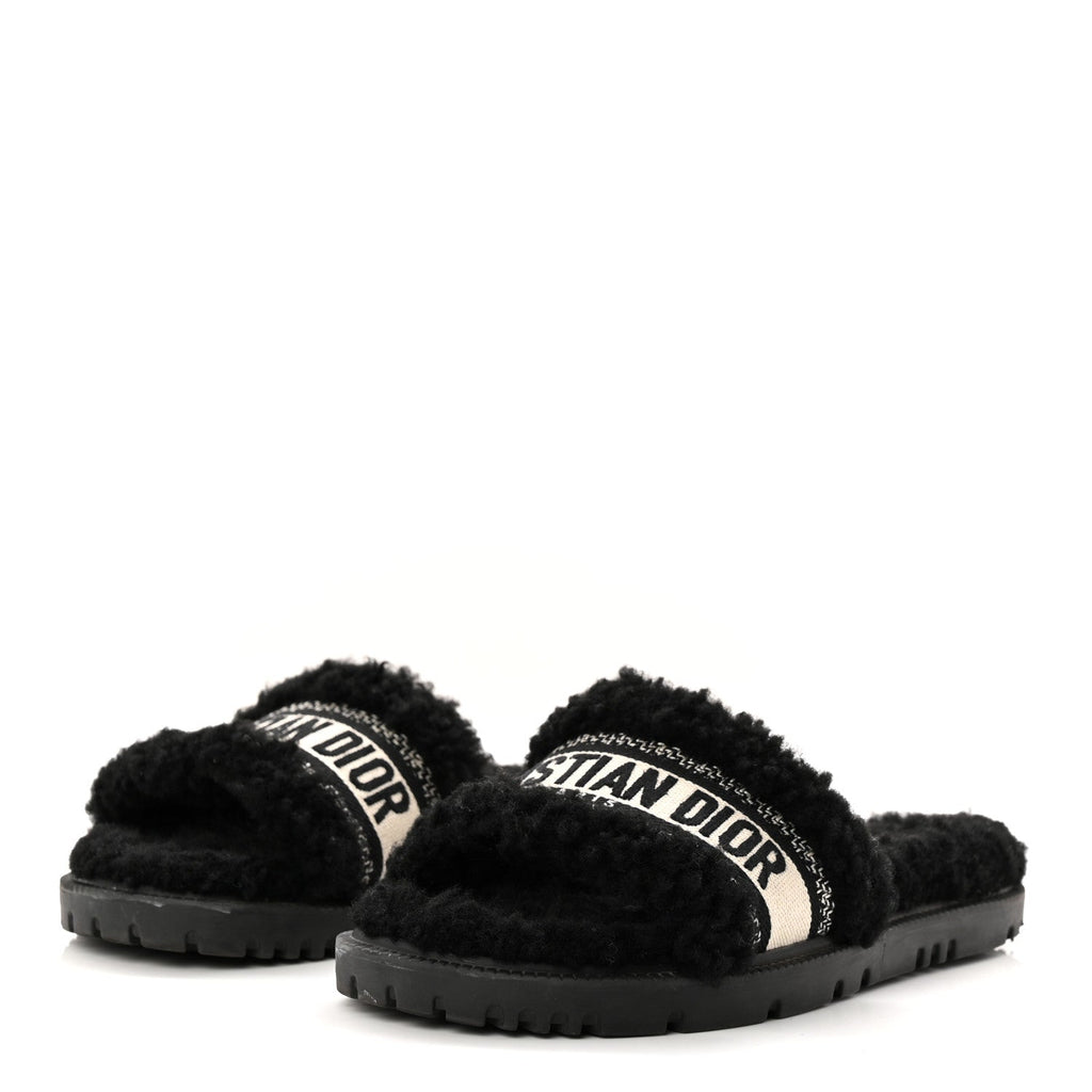 SHEARLING CANVAS LUREX EMBROIDERED DWAY 10MM SLIDE SANDALS BLACK NATURAL