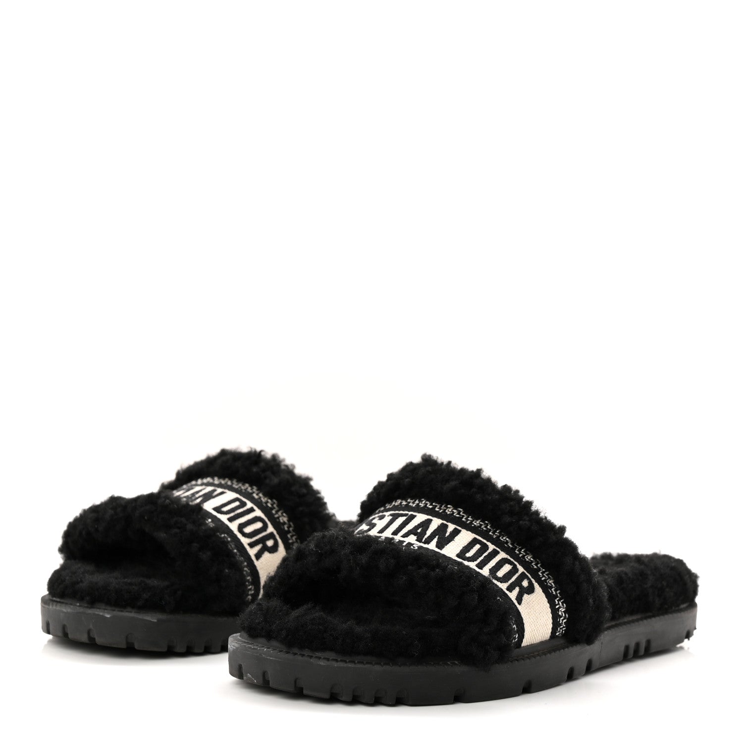 SHEARLING CANVAS LUREX EMBROIDERED DWAY 10MM SLIDE SANDALS BLACK NATURAL