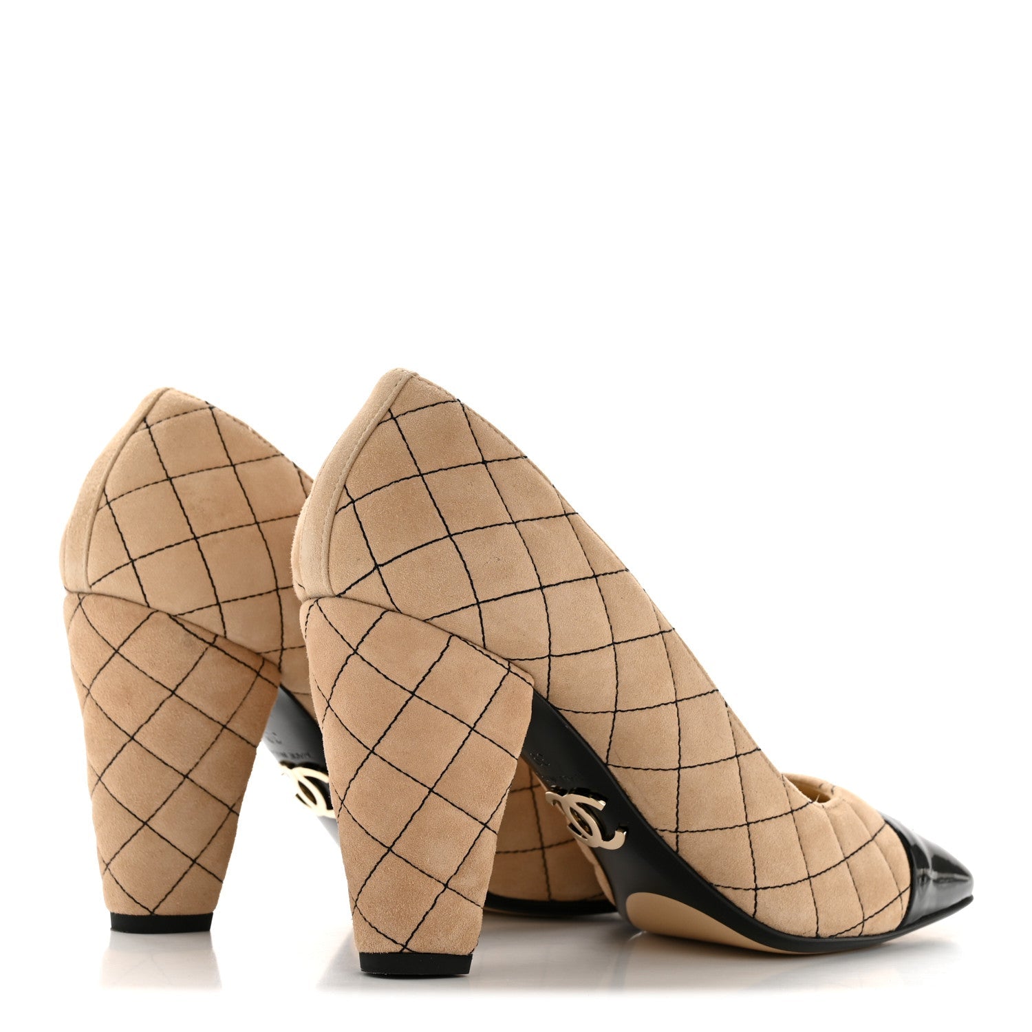 SUEDE KIDSKIN PATENT QUILTED CC CAP TOE PUMPS BEIGE BLACK